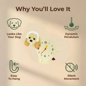 American Cocker Spaniel wall clock features: dog design, swinging pendulum, wall hooks and silent movement