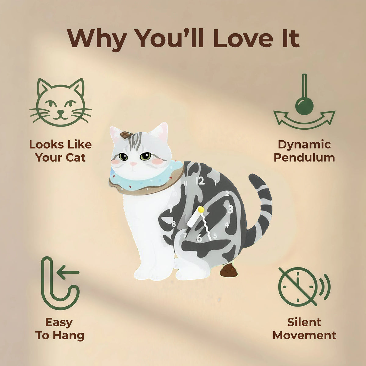 American Shorthair Cat wall clock features: cat design, swinging pendulum, wall hooks and silent movement