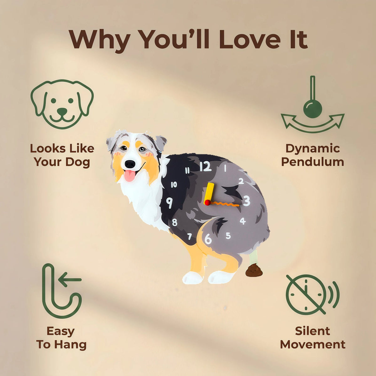 Australian Shepherd wall clock features: dog design, swinging pendulum, wall hooks and silent movement
