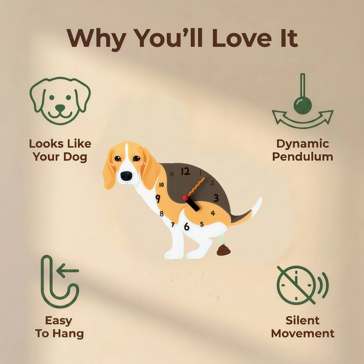 Beagle wall clock features: dog design, swinging pendulum, wall hooks and silent movement