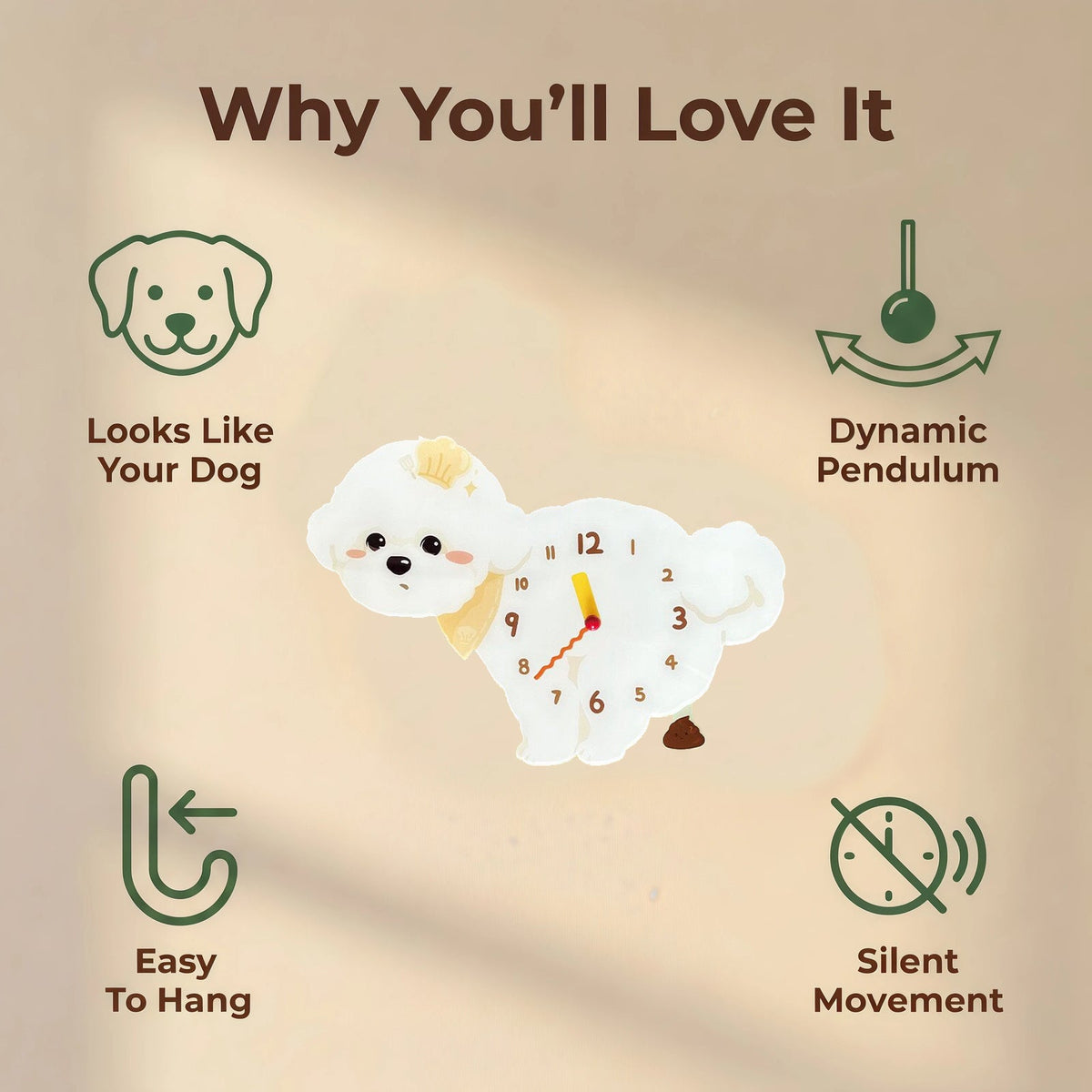 Bichon Frise wall clock features: dog design, swinging pendulum, wall hooks and silent movement