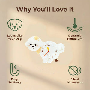 Bichon Frise wall clock features: dog design, swinging pendulum, wall hooks and silent movement