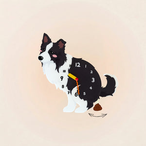 Black and white Border Collie wall clock with swinging poop pendulum
