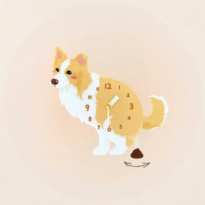 Golden Border Collie wall clock with swinging poop pendulum