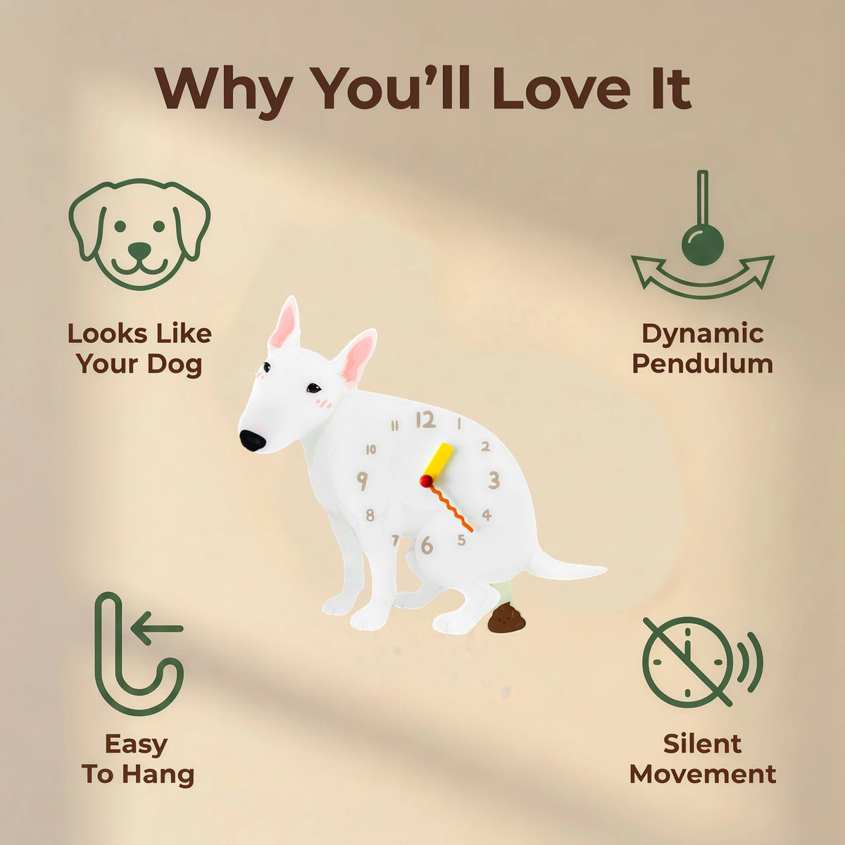 Bull Terrier wall clock features: dog design, swinging pendulum, wall hooks and silent movement