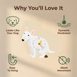 Bull Terrier wall clock features: dog design, swinging pendulum, wall hooks and silent movement