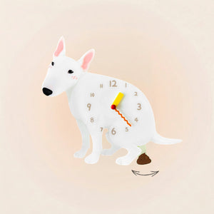 Bull Terrier Poop-Time wall clock in White with swinging poop pendulum