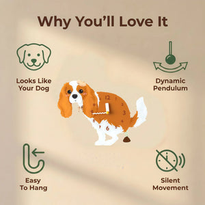 Cavalier King Charles Spaniel wall clock features: dog design, swinging pendulum, wall hooks and silent movement
