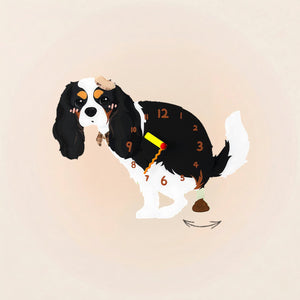 Cavalier King Charles Spaniel Poop-Time wall clock in Tricolor with swinging poop pendulum