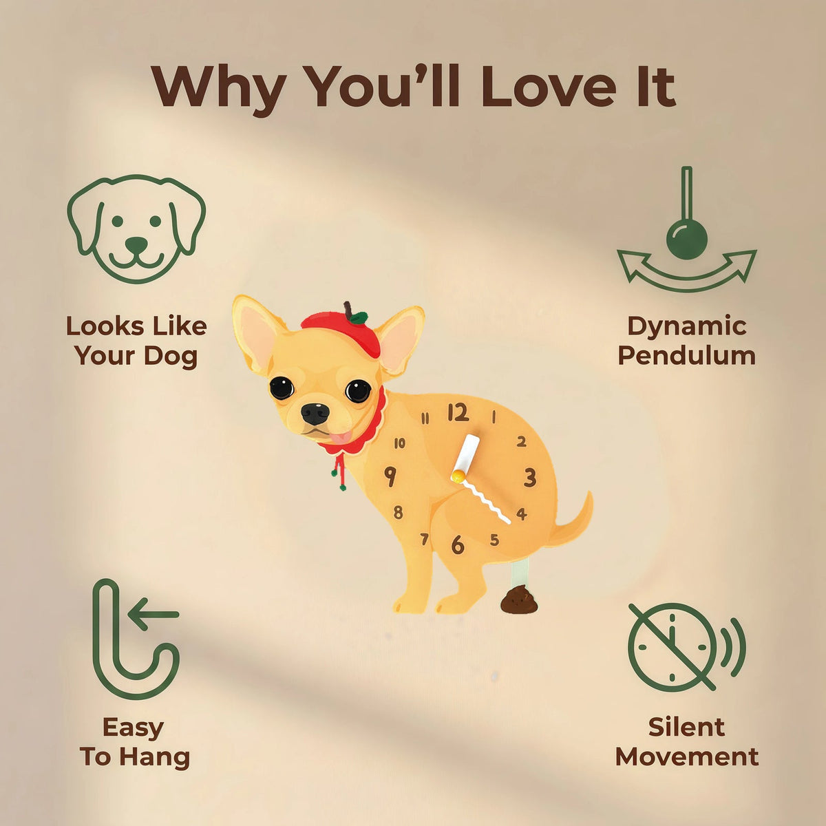 Chihuahua wall clock features: dog design, swinging pendulum, wall hooks and silent movement