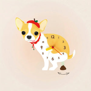 Chihuahua Poop-Time wall clock in Fawn & White with swinging poop pendulum