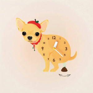 Chihuahua Poop-Time wall clock in Fawn with swinging poop pendulum