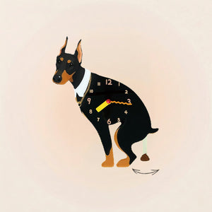 Doberman Poop-Time wall clock in Black & Rust with swinging poop pendulum