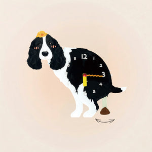 English Springer Spaniel Poop-Time wall clock in Black & White with swinging poop pendulum