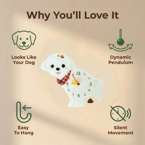 Maltese wall clock features: dog design, swinging pendulum, wall hooks and silent movement