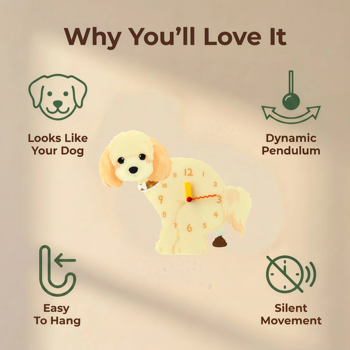 Maltipoo wall clock features: dog design, swinging pendulum, wall hooks and silent movement