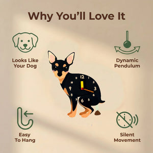 Miniature Pinscher wall clock features: dog design, swinging pendulum, wall hooks and silent movement
