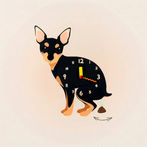 Miniature Pinscher Poop-Time wall clock in Black & Tan with swinging poop pendulum