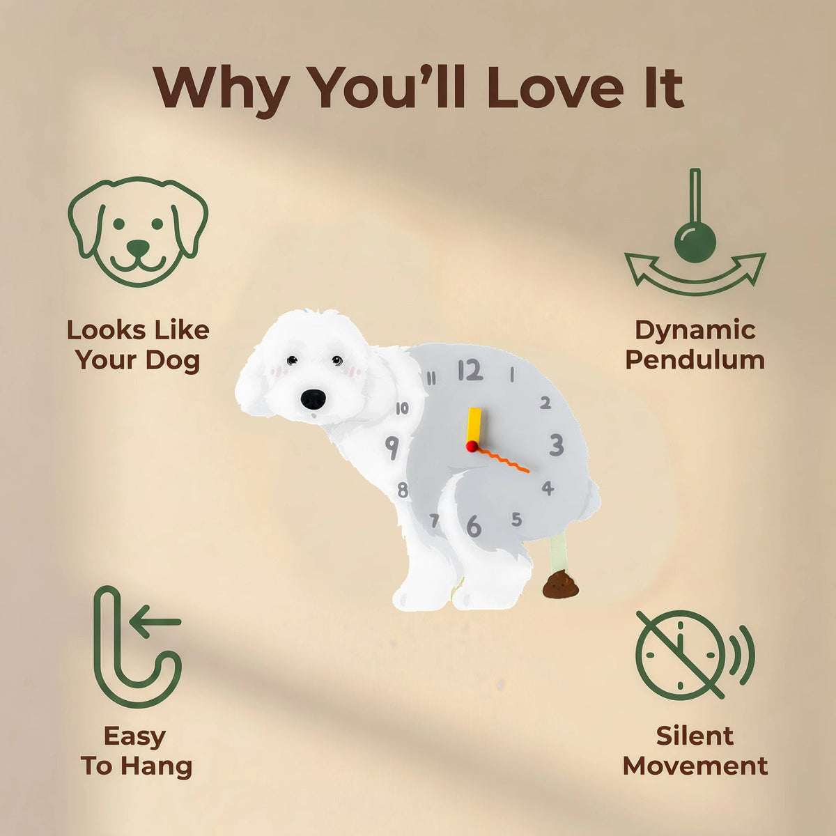 Old English Sheepdog wall clock features: dog design, swinging pendulum, wall hooks and silent movement
