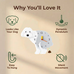 Old English Sheepdog wall clock features: dog design, swinging pendulum, wall hooks and silent movement