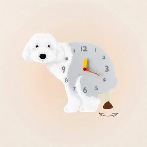 Old English Sheepdog Poop-Time wall clock in Gray & White with swinging poop pendulum
