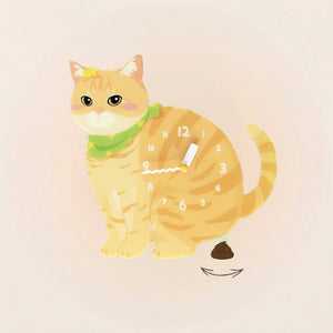 Orange Tabby Cat Poop-Time wall clock in Orange Tabby with swinging poop pendulum