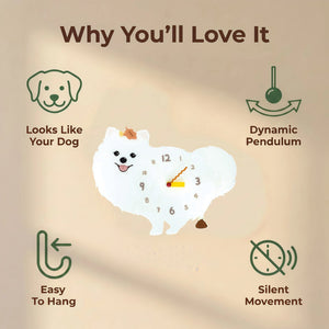 Pomeranian wall clock features: dog design, swinging pendulum, wall hooks and silent movement