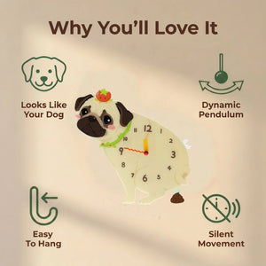 Pug wall clock features: dog design, swinging pendulum, wall hooks and silent movement