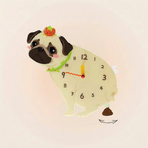 Pug Poop-Time wall clock in Fawn with swinging poop pendulum