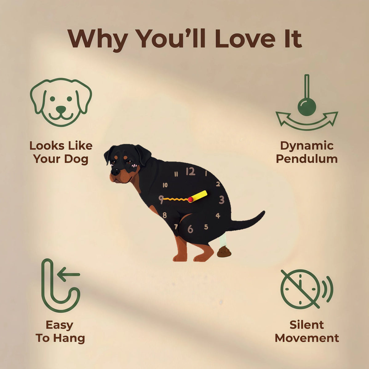 Rottweiler wall clock features: dog design, swinging pendulum, wall hooks and silent movement