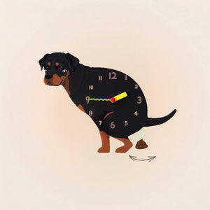 Rottweiler Poop-Time wall clock in Black & Tan with swinging poop pendulum