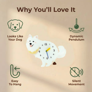 Samoyed wall clock features: dog design, swinging pendulum, wall hooks and silent movement