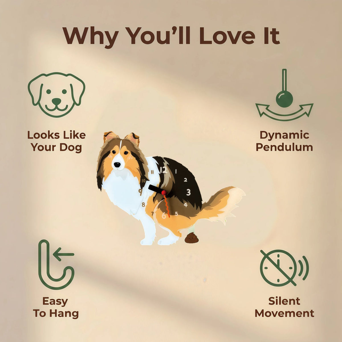 Shetland Sheepdog wall clock features: dog design, swinging pendulum, wall hooks and silent movement