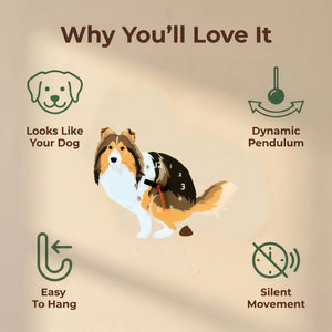 Shetland Sheepdog wall clock features: dog design, swinging pendulum, wall hooks and silent movement