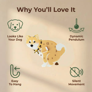 Shiba Inu wall clock features: dog design, swinging pendulum, wall hooks and silent movement