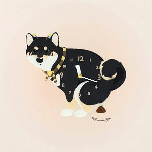 Shiba Inu Poop-Time wall clock in Black & Tan with swinging poop pendulum