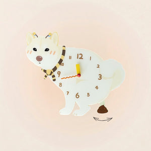 Shiba Inu Poop-Time wall clock in Cream with swinging poop pendulum