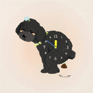 Teddy Poodle Poop-Time wall clock in Black with swinging poop pendulum