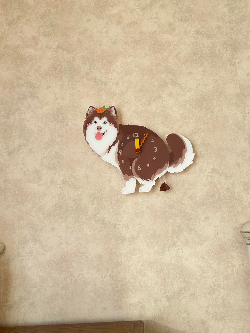 Alaskan Malamute “Poop-Time” Wall Clock with Swinging Pendulum