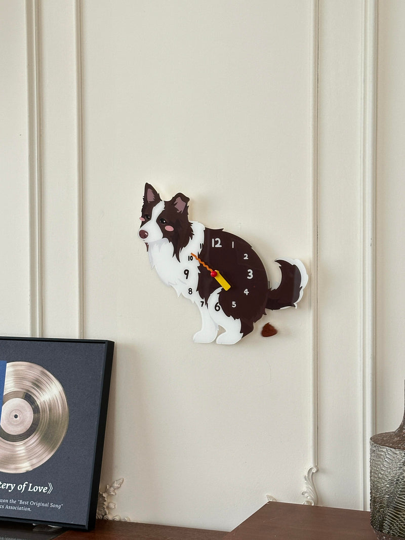 Border Collie “Poop-Time” Wall Clock with Swinging Pendulum