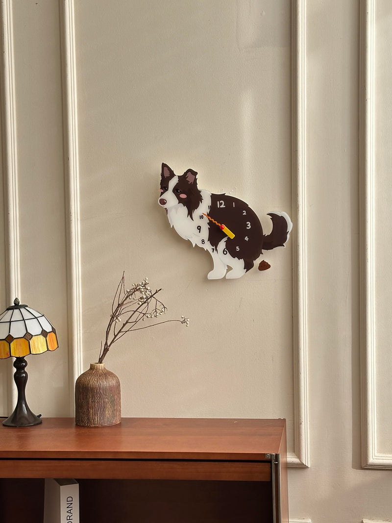 Border Collie “Poop-Time” Wall Clock with Swinging Pendulum