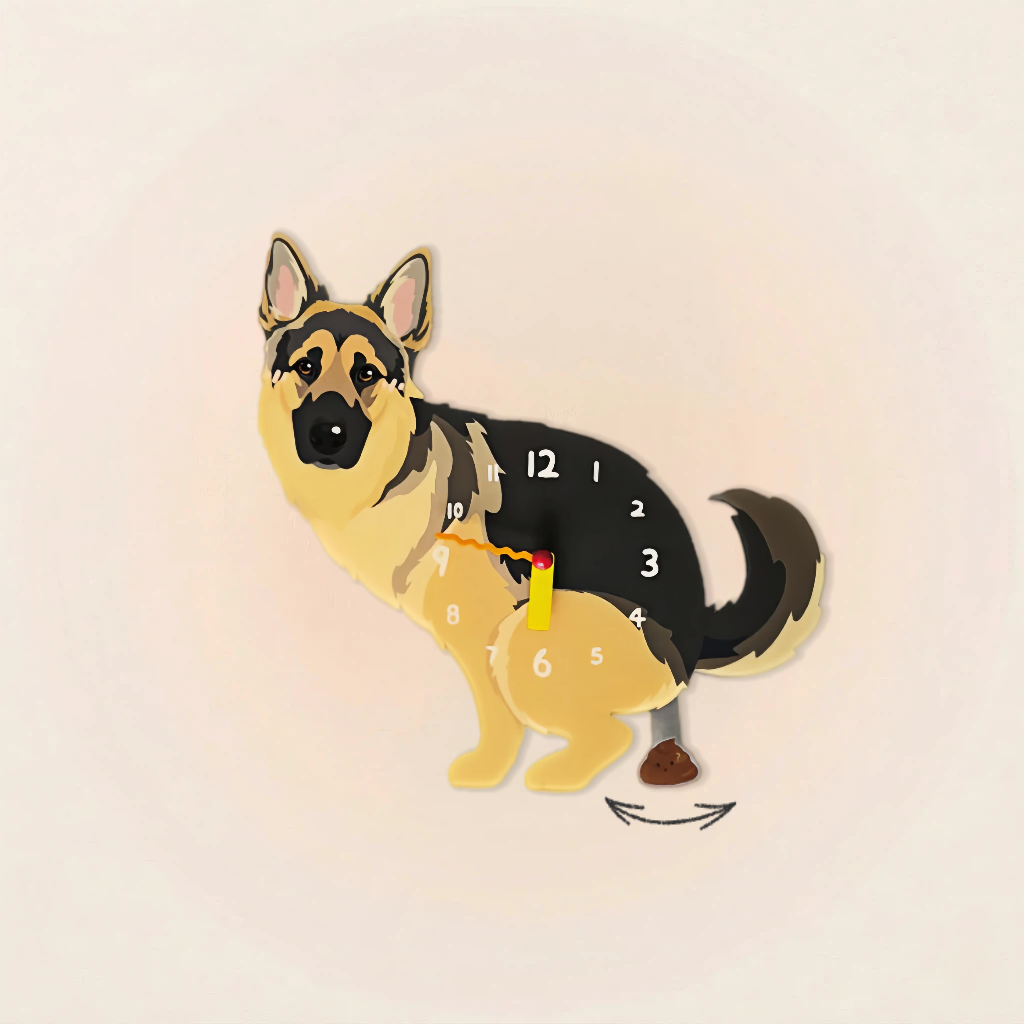 German Shepherd Dynamic "Poop-Time" Wall Clock with Swinging Pendulum