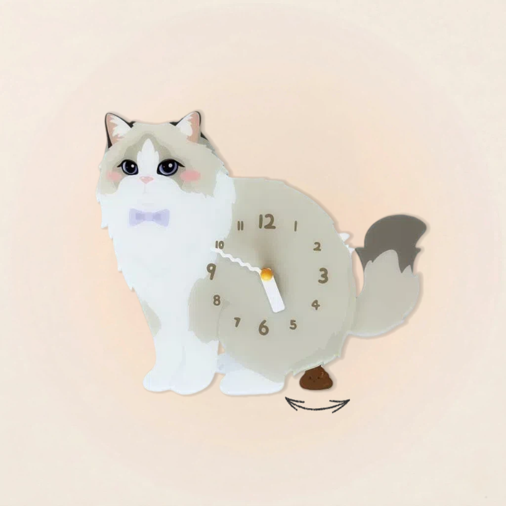 Ragdoll Cat Dynamic "Poop-Time" Wall Clock with Swinging Pendulum