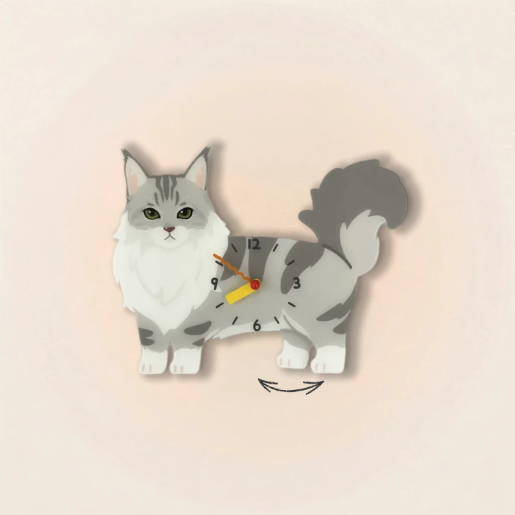 Maine Coon Cat Wall Clock with Swinging Paw