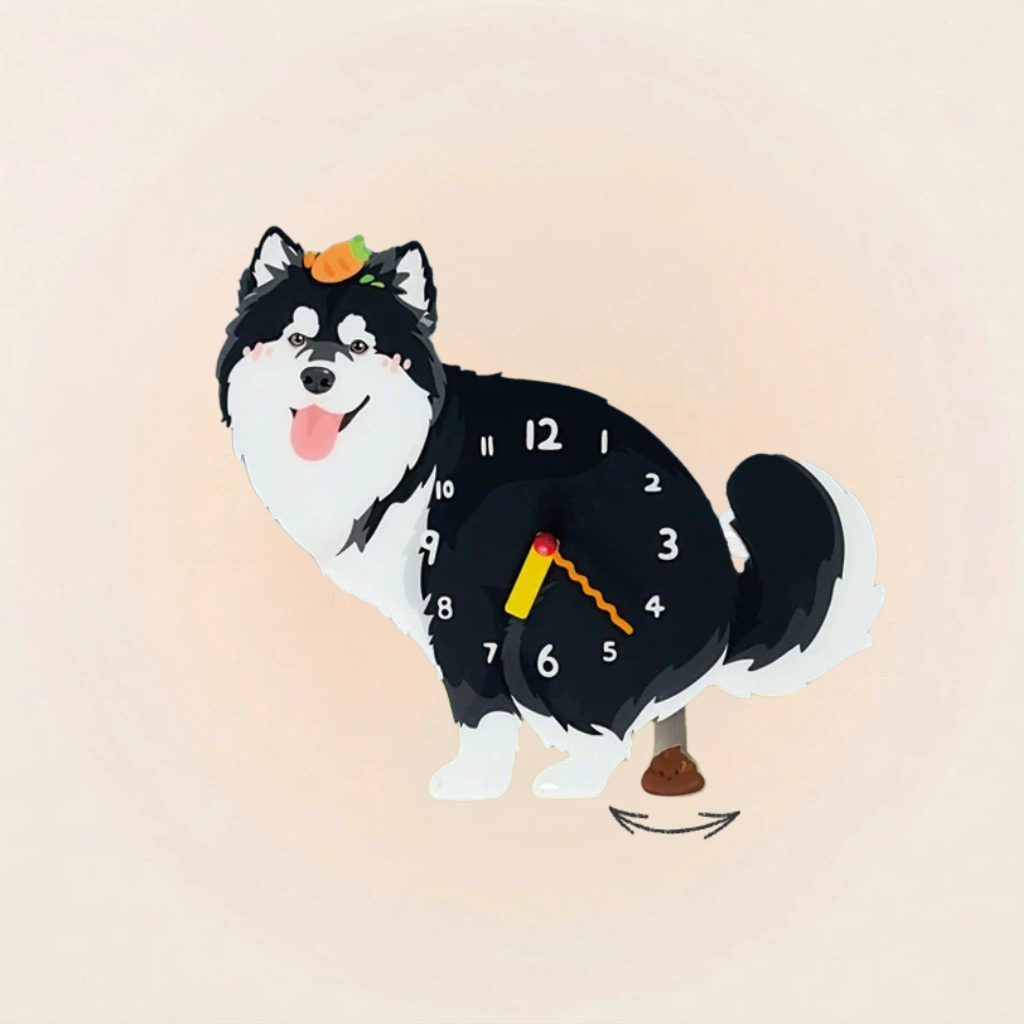 Alaskan Malamute “Poop-Time” Wall Clock with Swinging Pendulum
