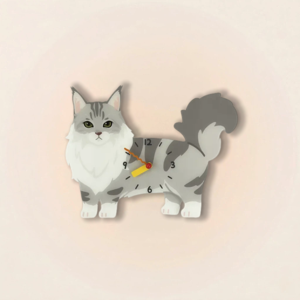 Maine Coon Cat Wall Clock with Swinging Paw