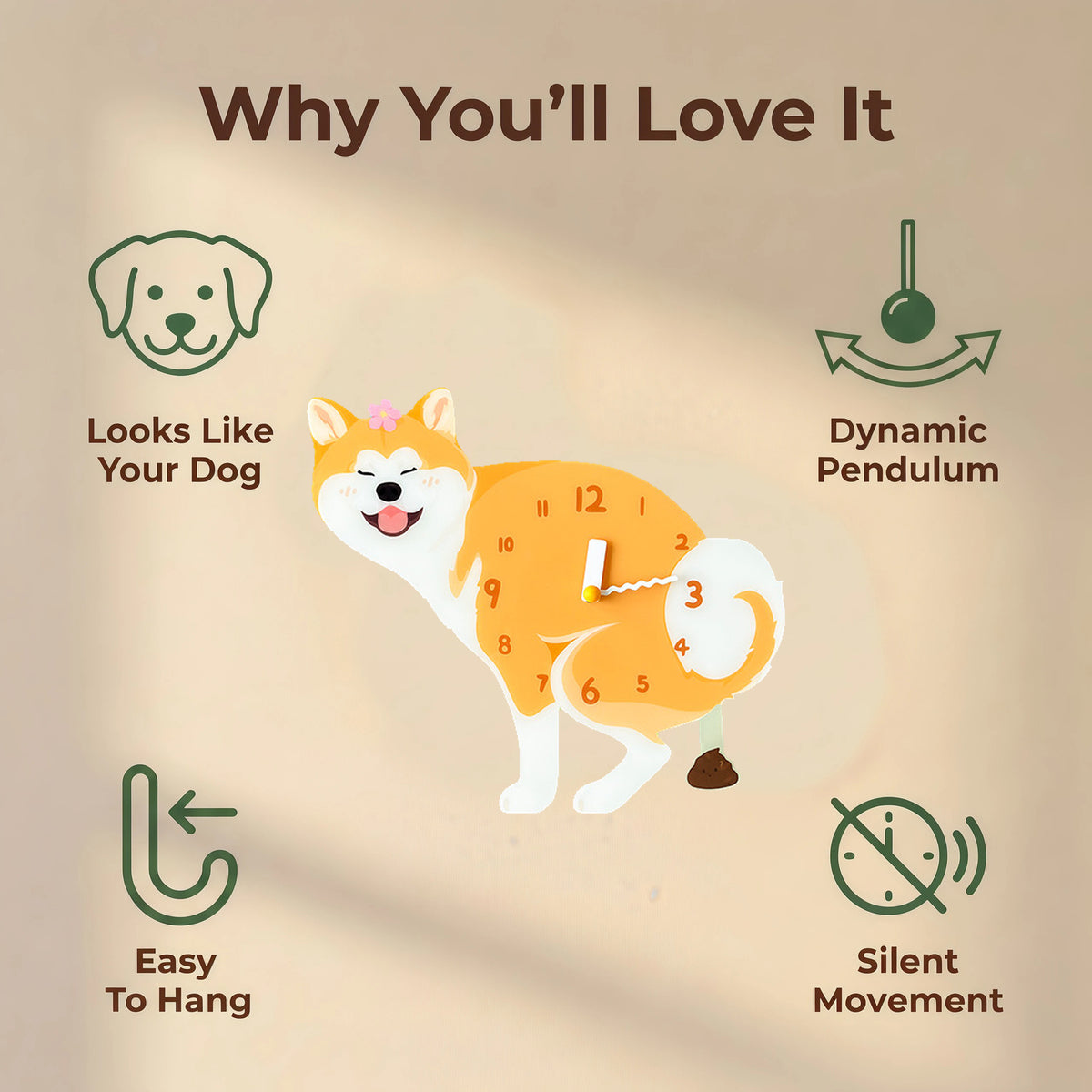 Akita wall clock features: dog design, swinging pendulum, wall hooks and silent movement
