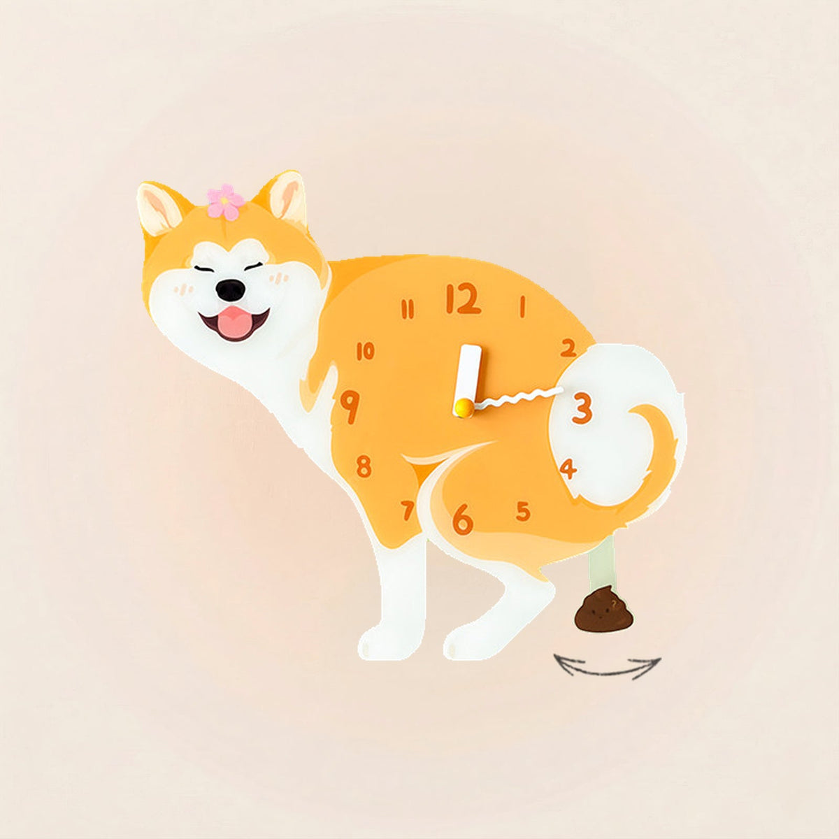 Akita Poop-Time wall clock in Red & White with swinging poop pendulum