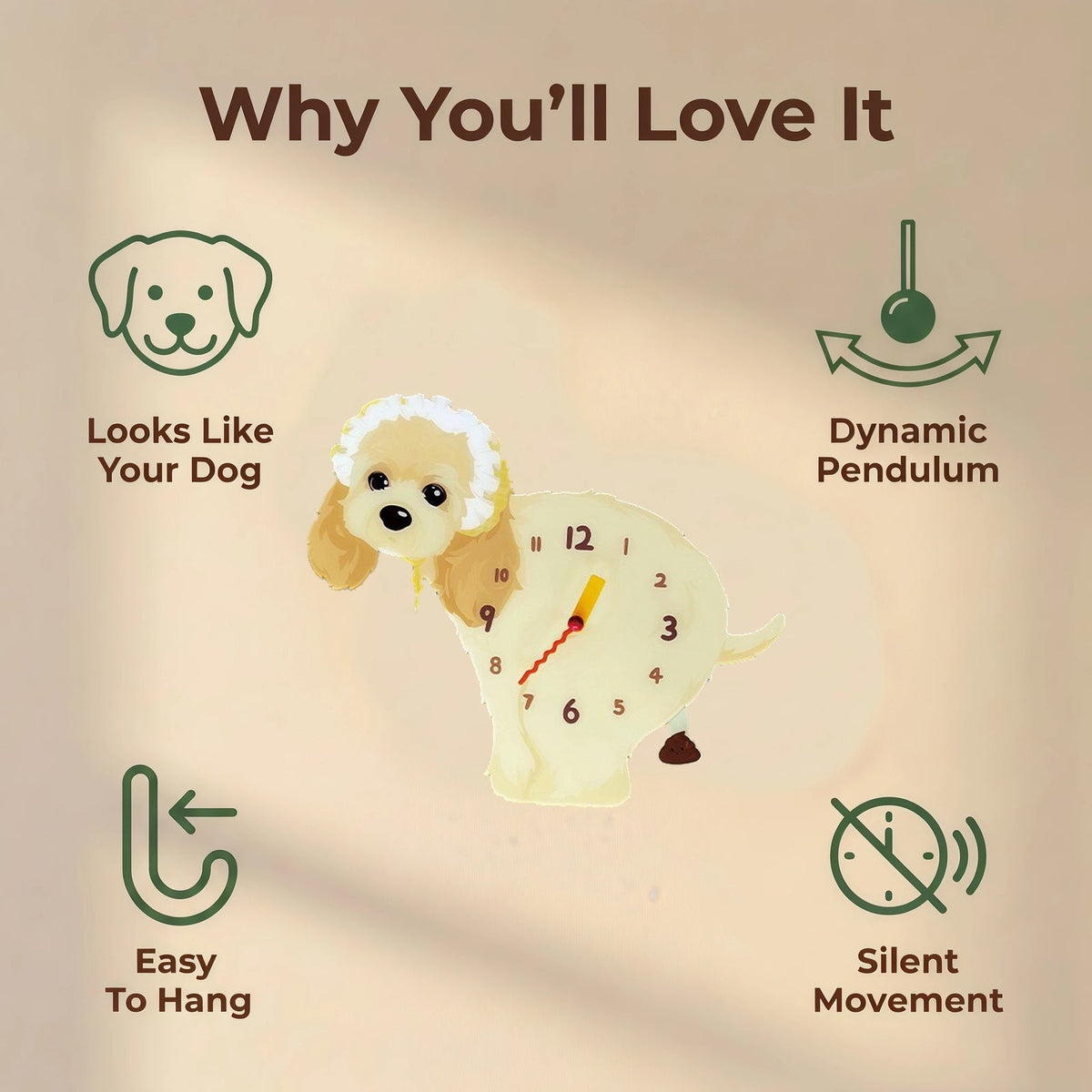 American Cocker Spaniel wall clock features: dog design, swinging pendulum, wall hooks and silent movement