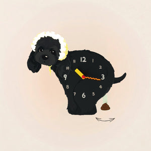 American Cocker Spaniel Poop-Time wall clock in Black with swinging poop pendulum